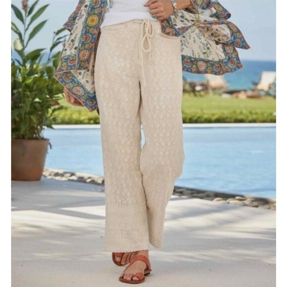 Sundance Solstice Embroidered Cream Wide Leg Cropped Pants size medium NWT